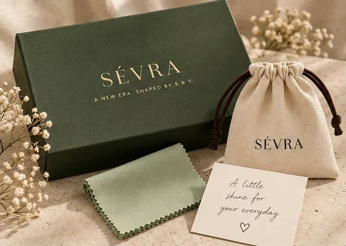 A dark green SÉVRA gift box with the pouch, polishing cloth and handwritten card that ship with it