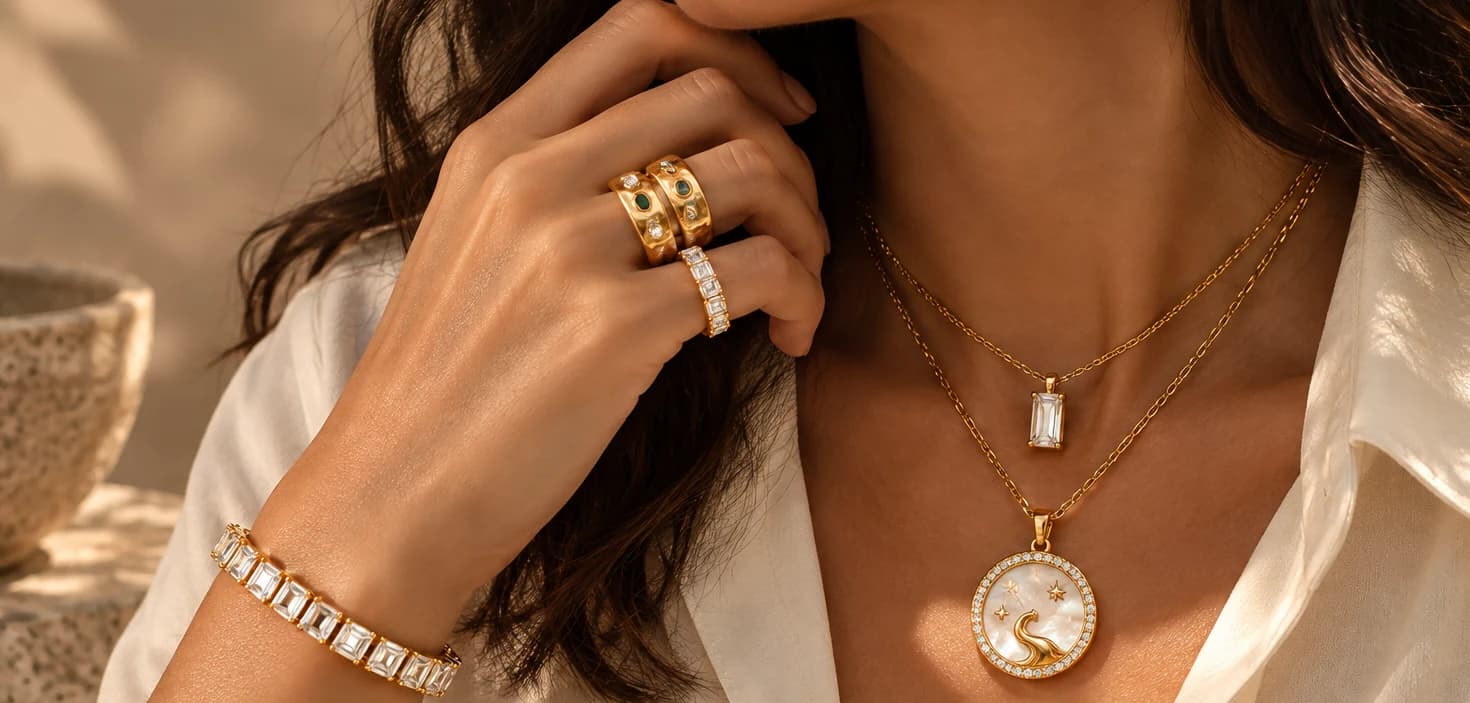 Layered gold chains, stacked rings and a crystal tennis bracelet worn together in warm afternoon light