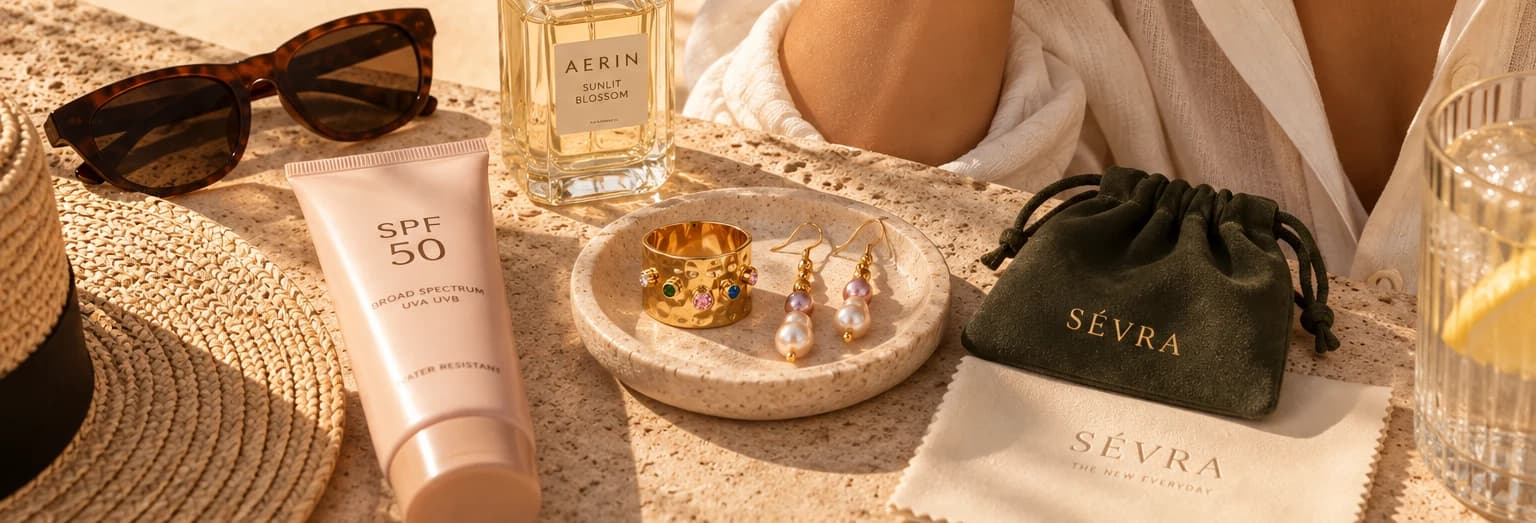 Sunscreen, a fragrance bottle, a ring and pearl drop earrings in a travertine dish beside a SÉVRA pouch and polishing cloth, in poolside light