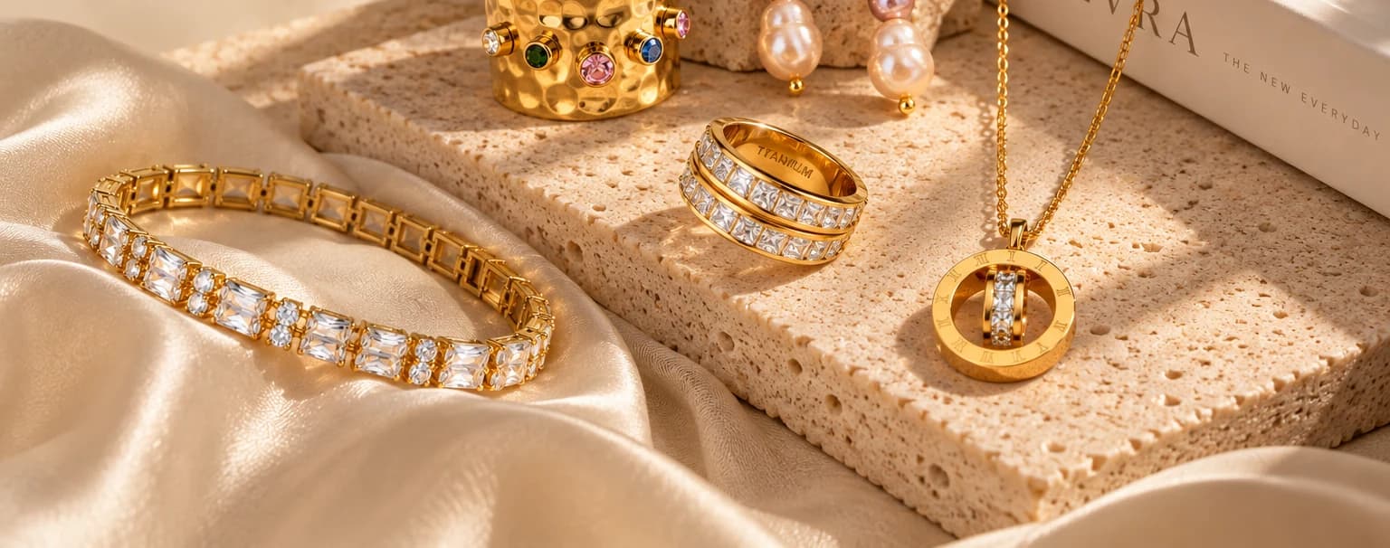 A crystal tennis bracelet, a hammered gemstone ring, pearl drop earrings and a roman-numeral pendant arranged on travertine and silk
