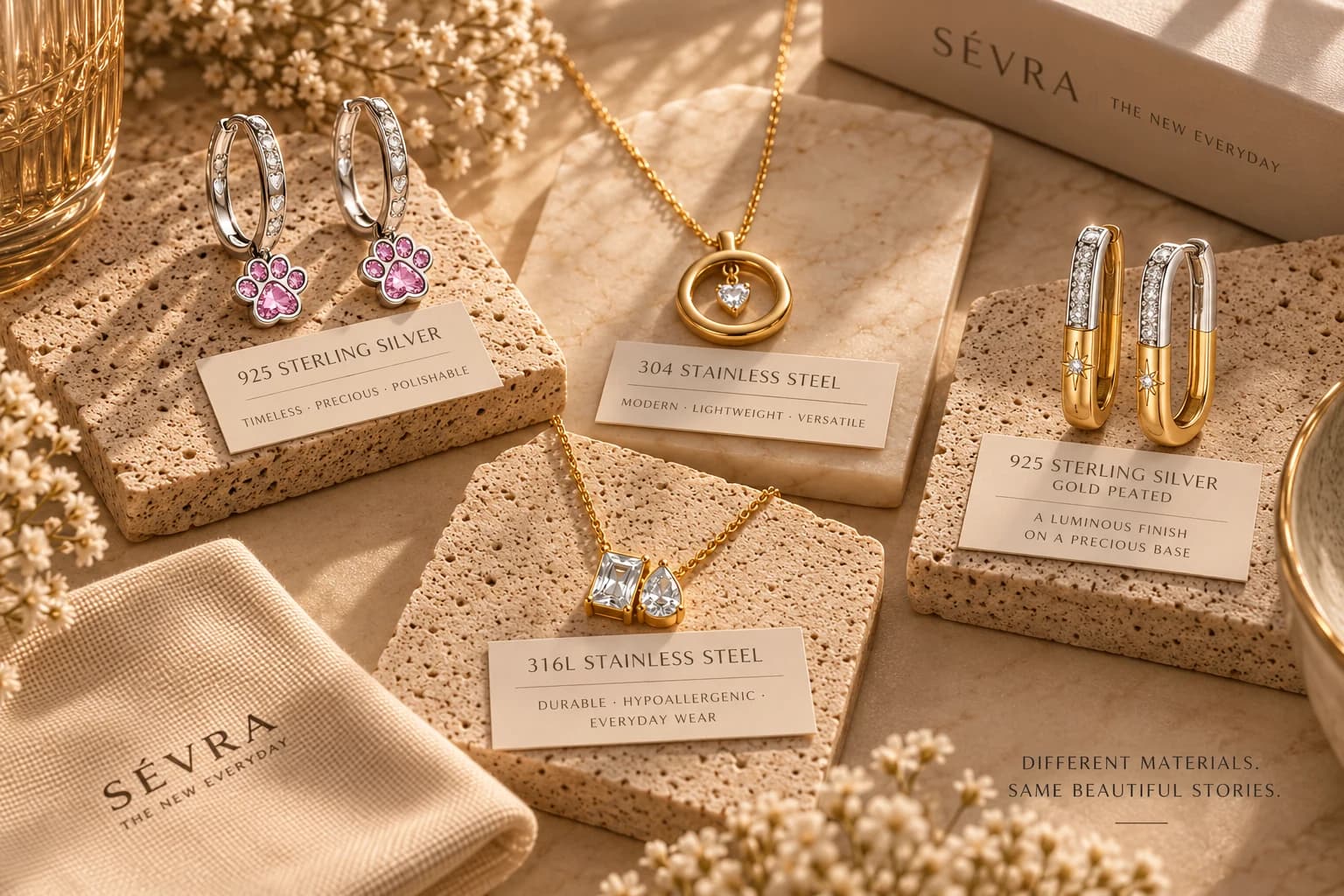 Sterling silver, stainless steel and gold-plated pieces laid out on travertine blocks, each beside a card naming its material