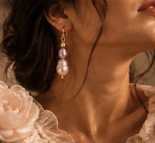 A baroque pearl drop earring worn against a blush ruffled sleeve