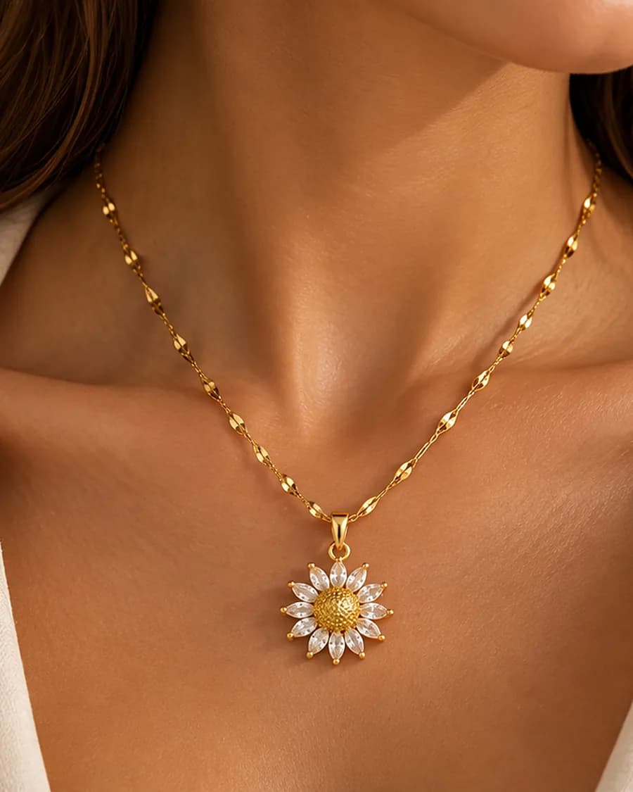 Daisy Necklace worn, photographed close in natural light