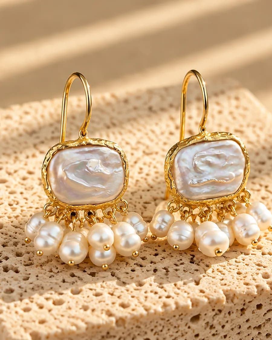 The Cascade Freshwater Pearl Earrings photographed on a travertine block in warm daylight