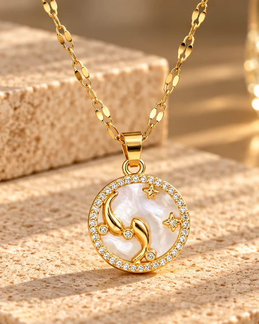The Cosmic Pearl Necklace photographed on a travertine block in warm daylight