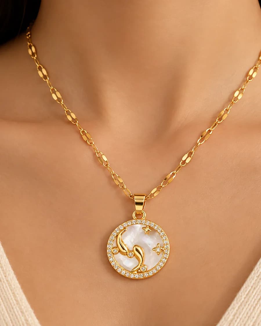 The Cosmic Pearl Necklace worn, photographed close in natural light