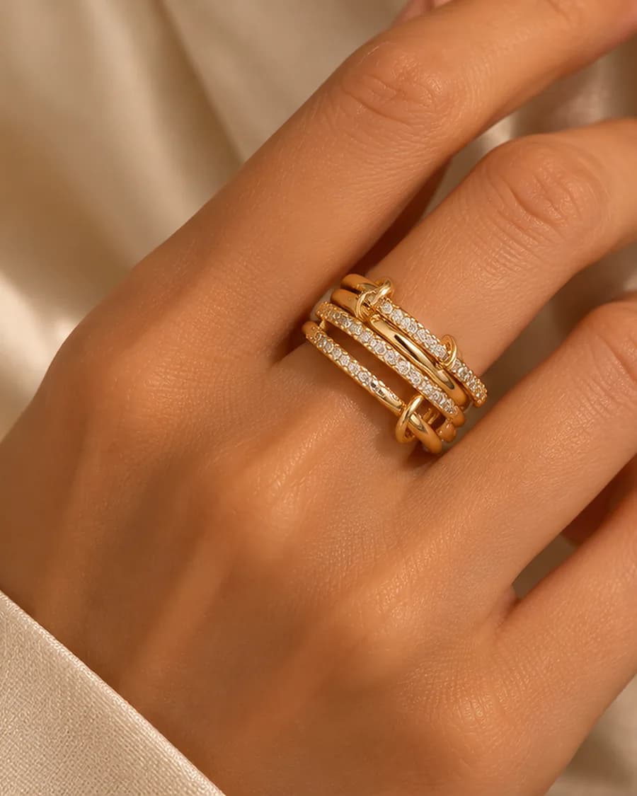 The Éclat Stack Ring worn, photographed close in natural light