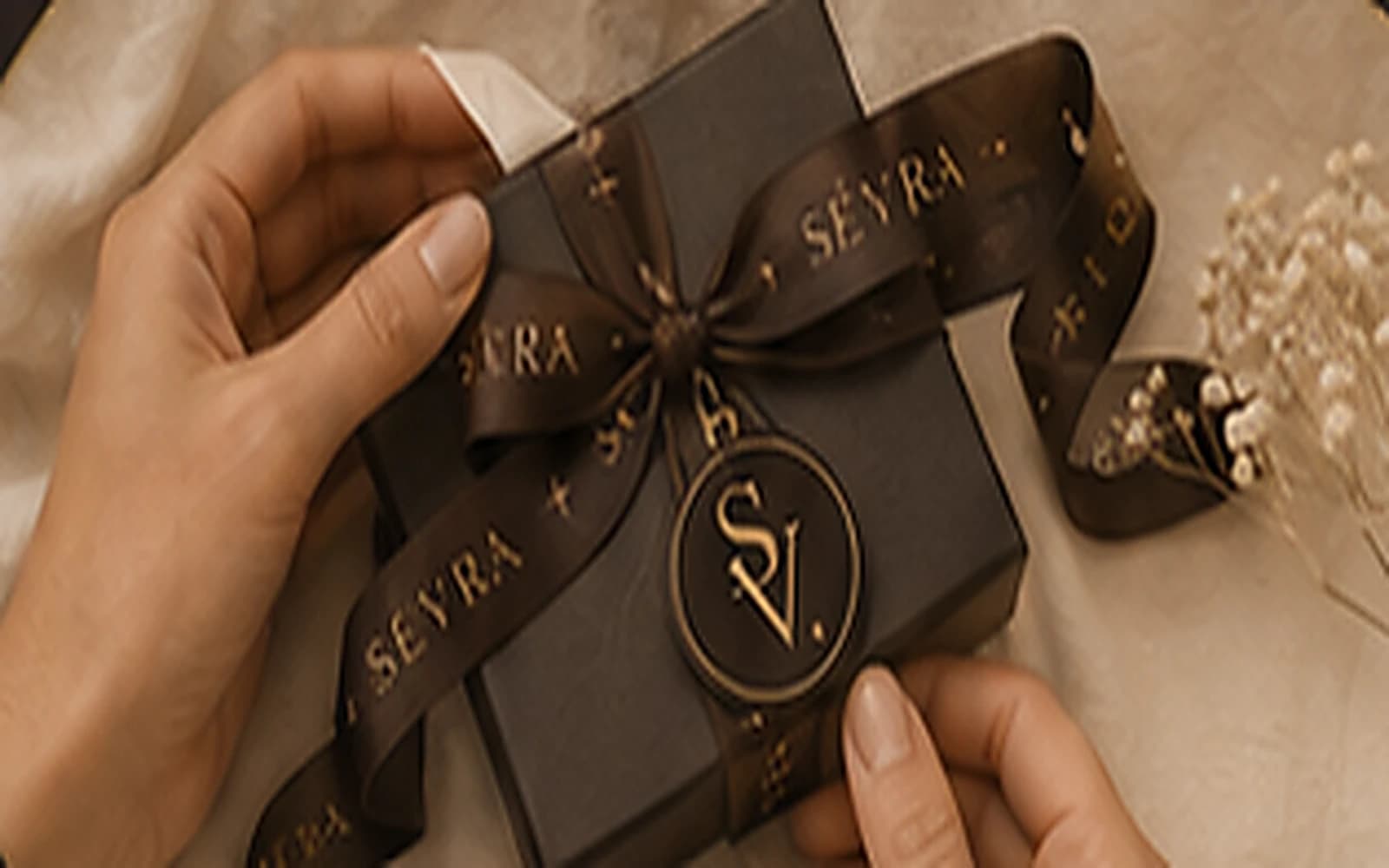 Two hands tying a ribbon around a dark chocolate SÉVRA gift box
