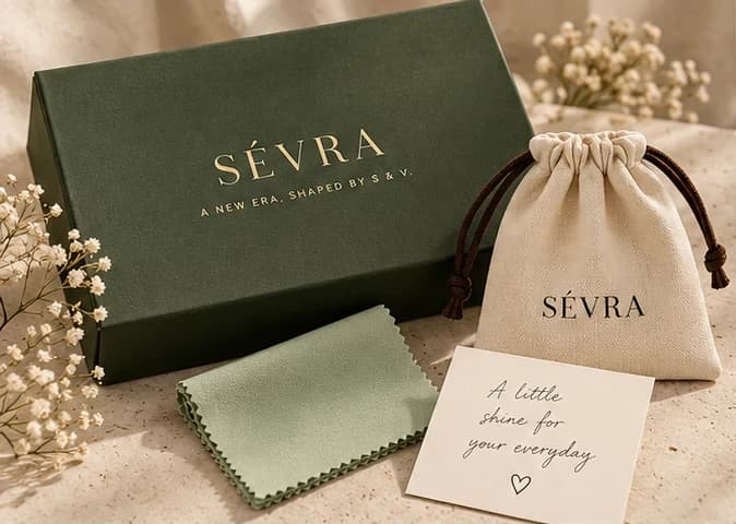 A dark green SÉVRA gift box beside a cream pouch, a sage polishing cloth and a handwritten card