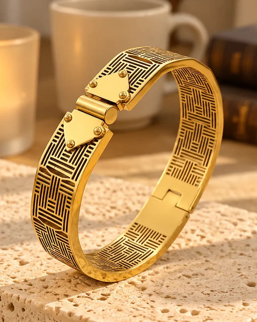 The Mosaic Bracelet photographed on a travertine block in warm daylight