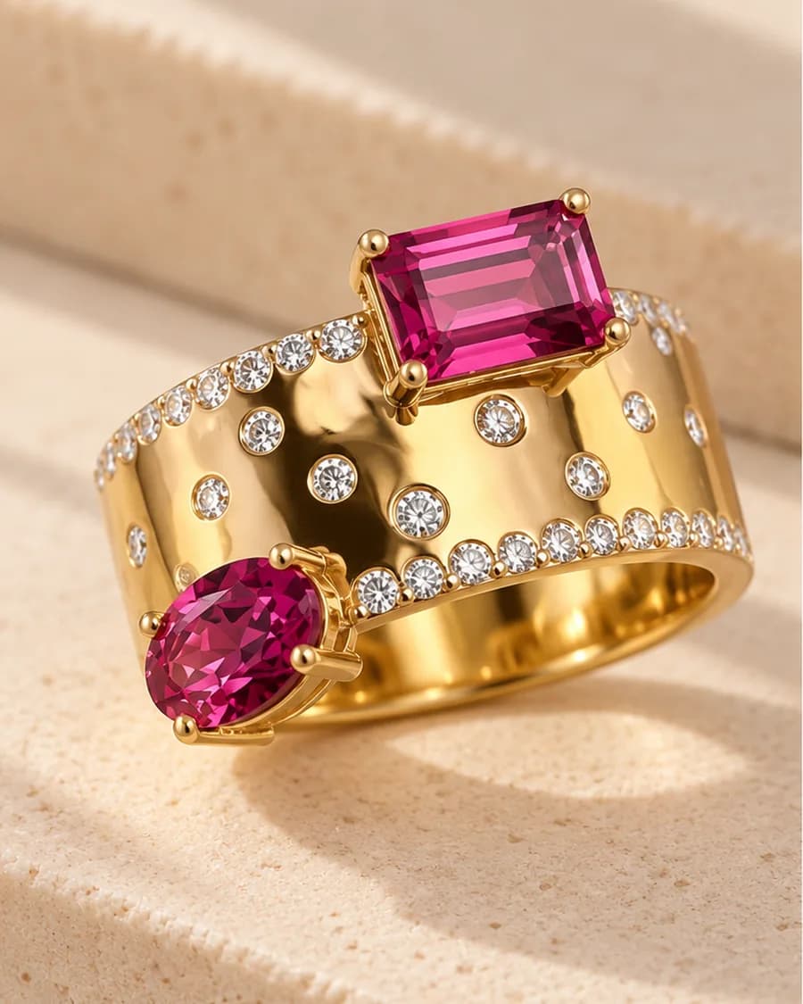The Rosé Éclat Ring photographed on a travertine block in warm daylight